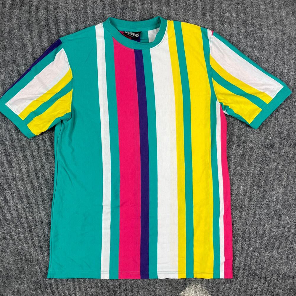 Trademark‎ T-Shirt Mens M Multicolor Striped Retro 80s 90s Casual Cotton Tee